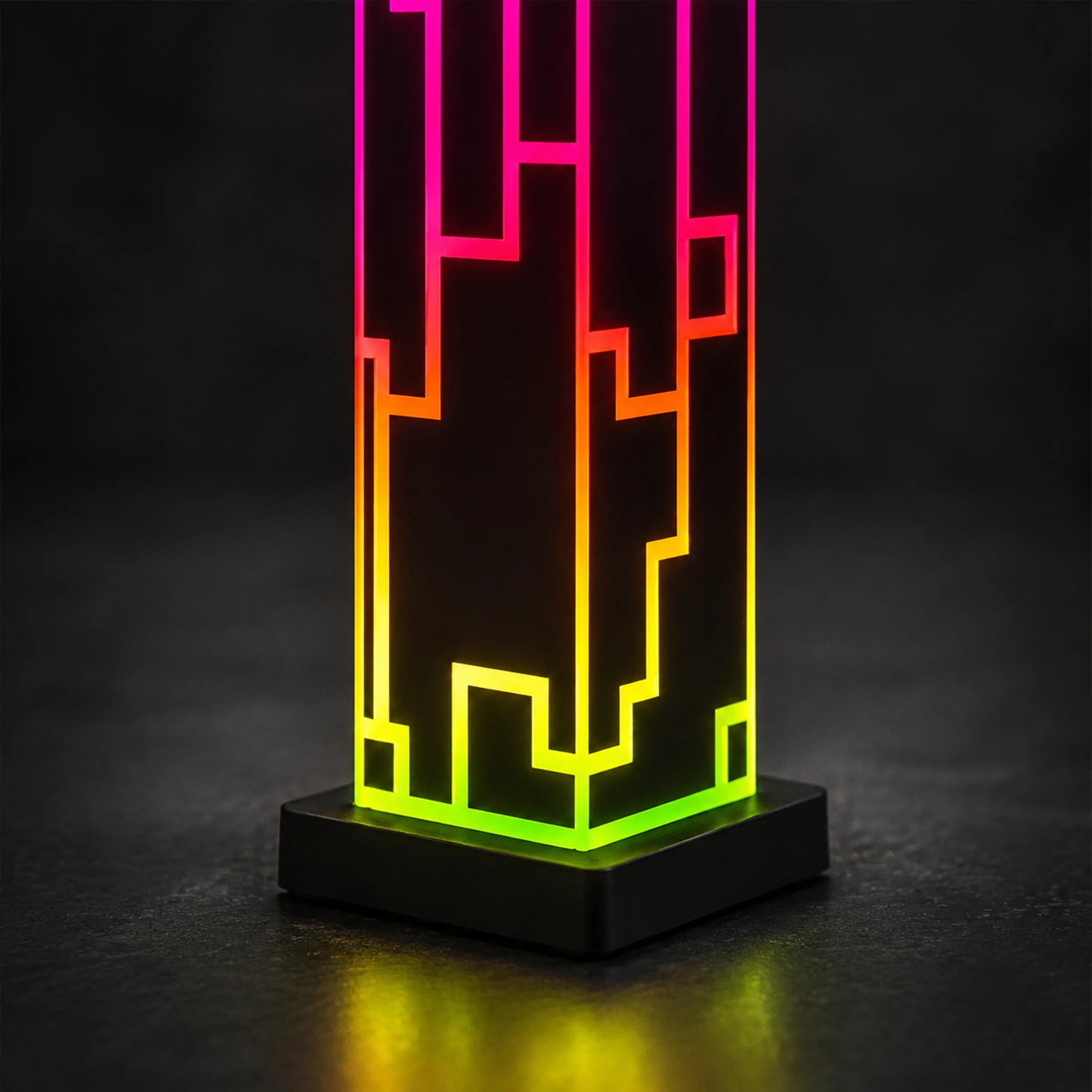 Close view of illuminated acrylic edges on the Prism Cube lamp.
