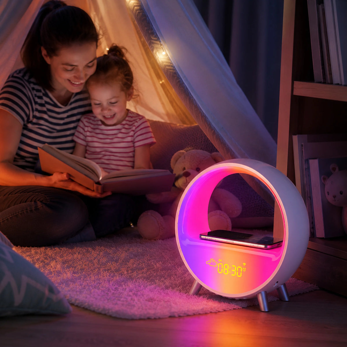 App-controlled wake-up clock light shown glowing on a bedside table.