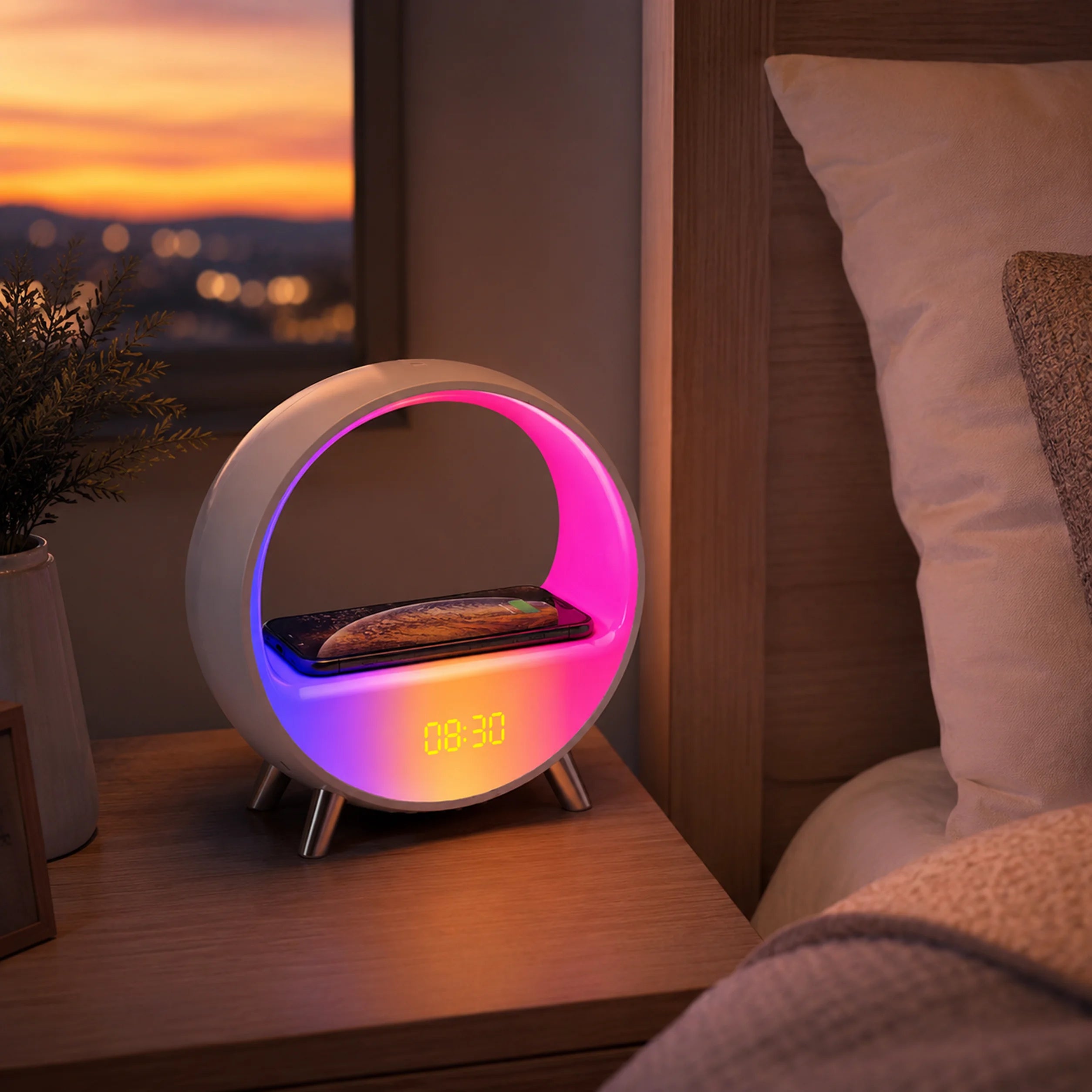 Daybreak Arc smart clock light with a circular illuminated frame and central time display.