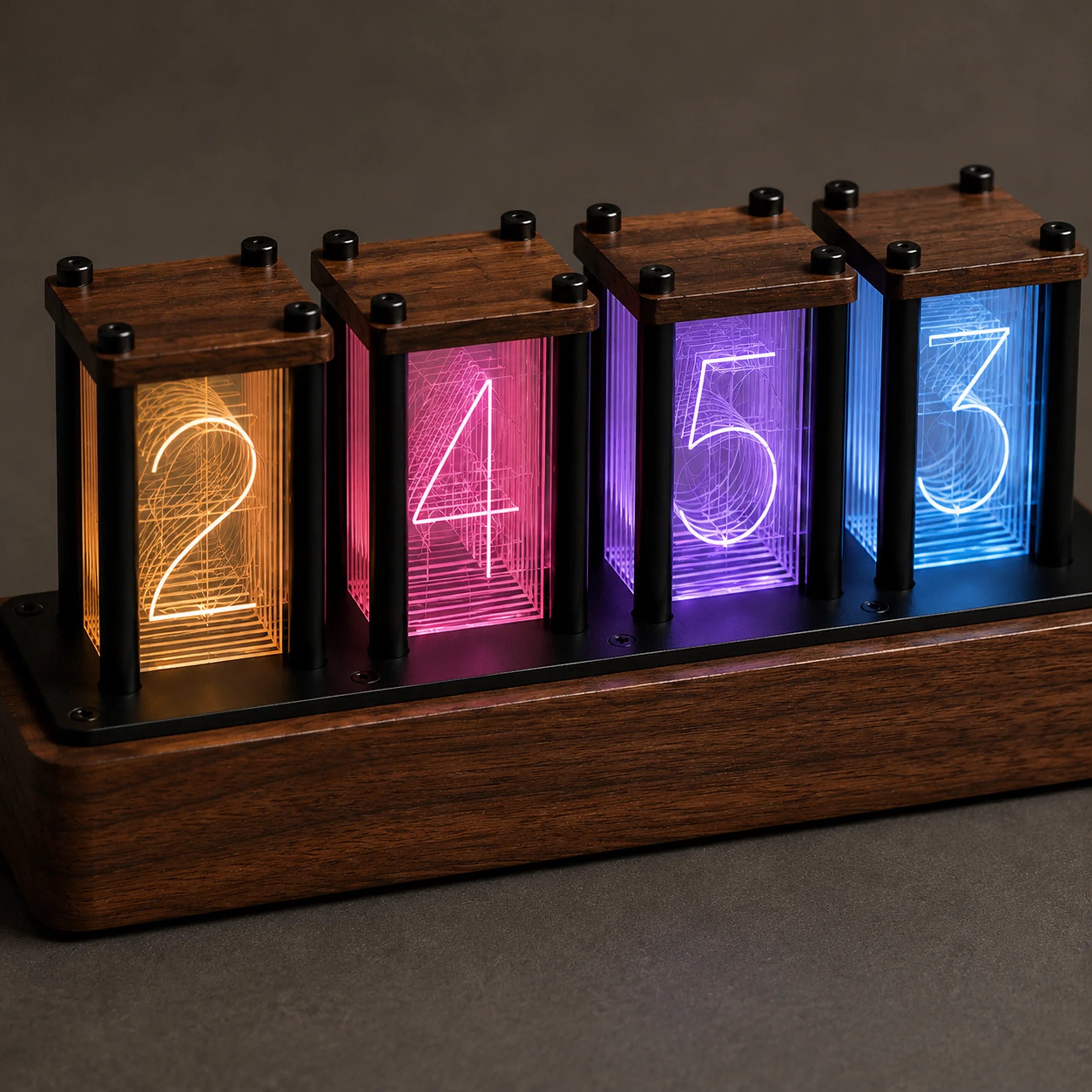 Close view of the separate illuminated display modules on the RGB-02 clock.