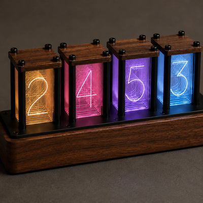 Close view of the separate illuminated display modules on the RGB-02 clock.