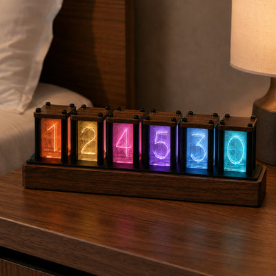 Afterglow Six — Walnut Pseudo-Nixie Clock with Six RGB Displays