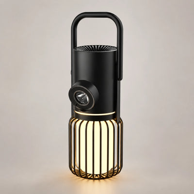 Camping lantern playing music beside a tent setup.